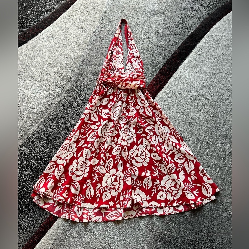 Moda International Red Hawaiian Print Halter Neck Silk Mini Dress
